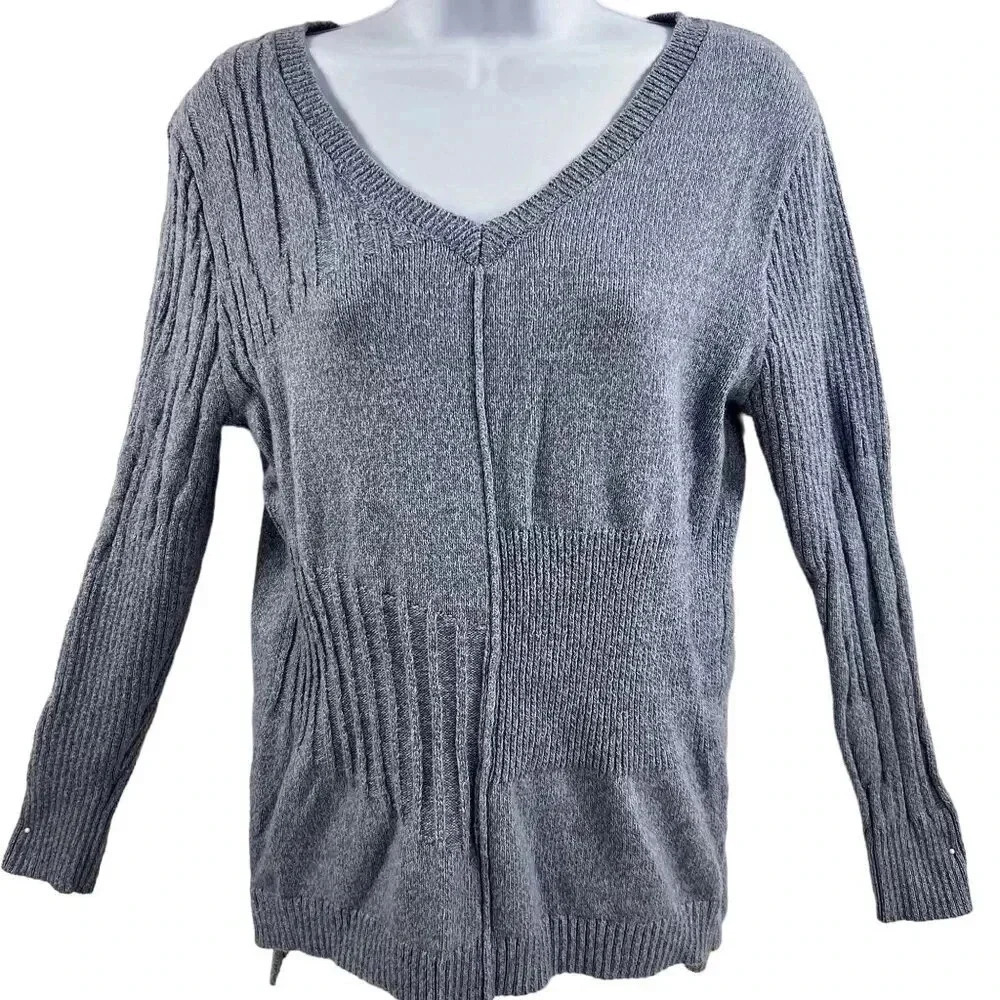 Sundance Womens Small V-Neck Silk Blend Sweater Shirt Ribbed Blocked Blue